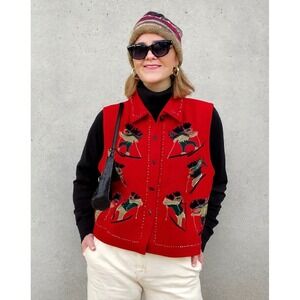 Vintage Women's Vest Large Wool Blend Skiing Moose Holiday Cabincore Red